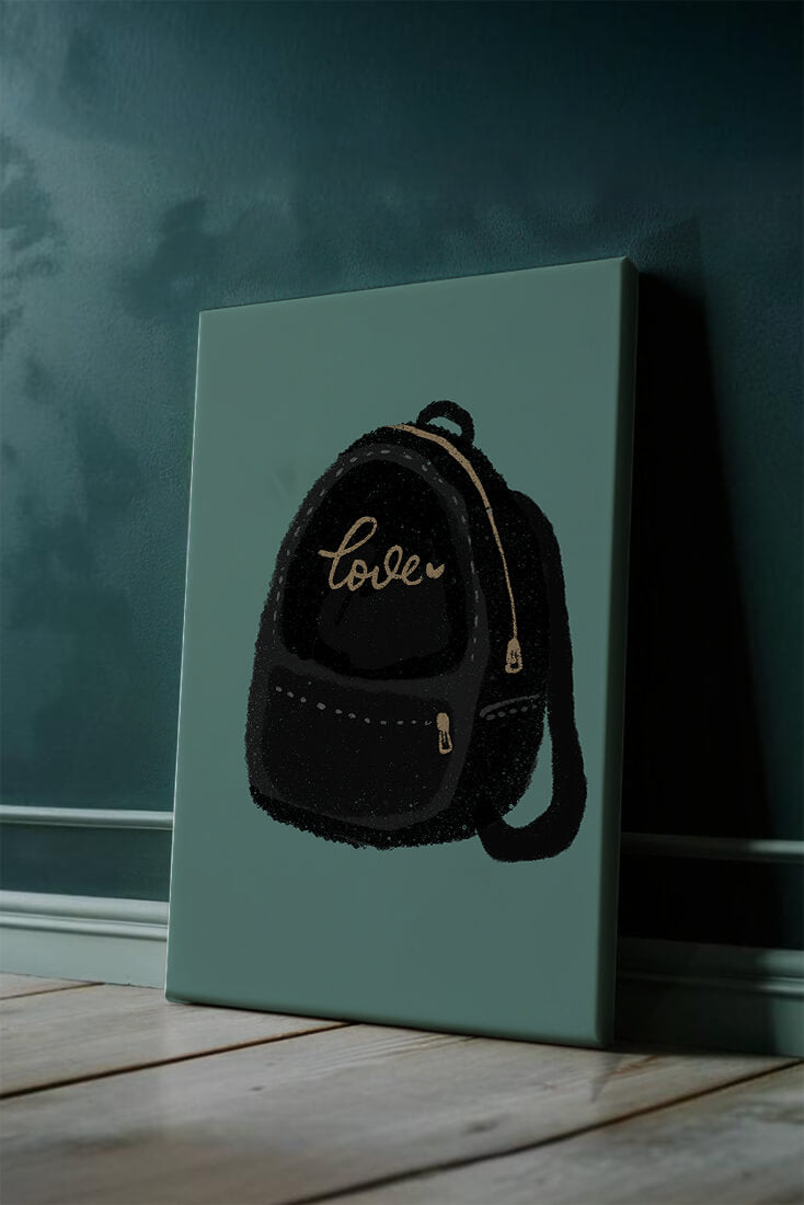 Elegant black backpack with gold accents and love inscription