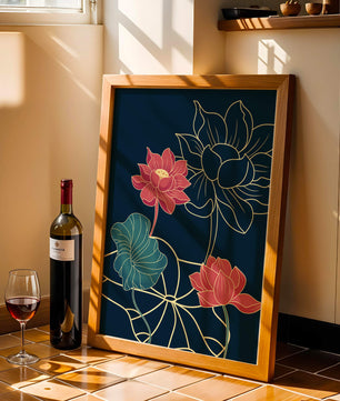 Vibrant Lotus Flowers on Dark Background with Gold Outline