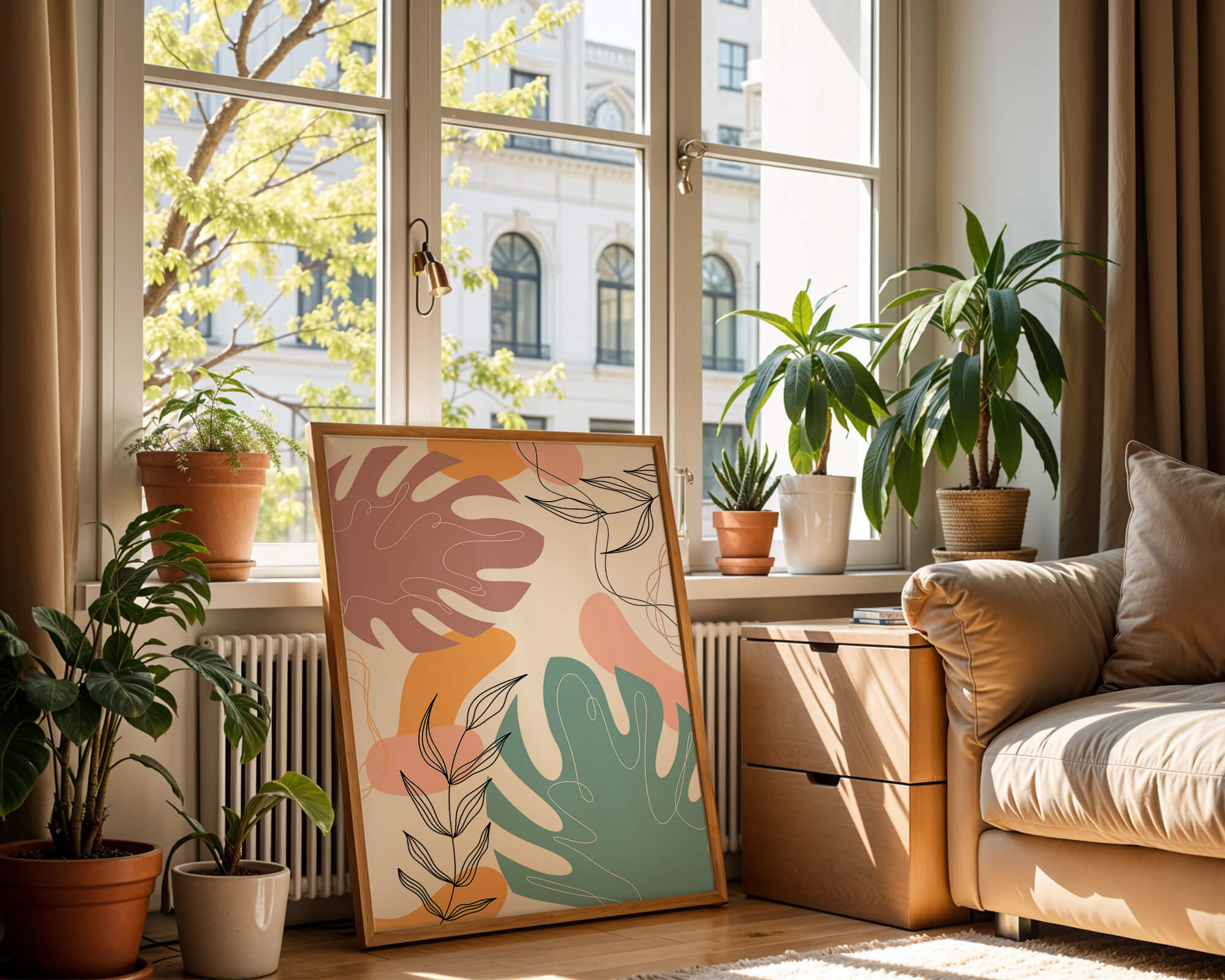 Abstract botanical illustration with colorful leaf patterns