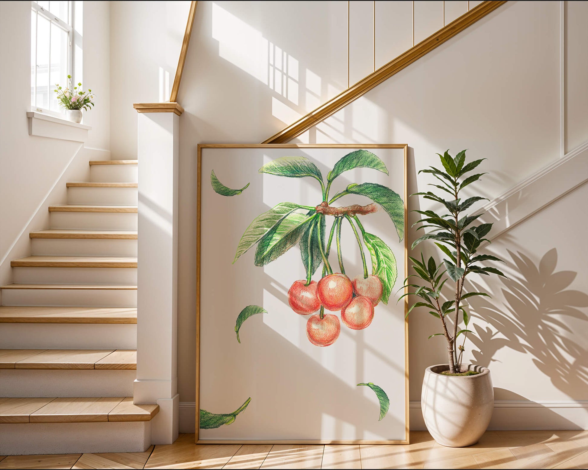 Realistic Illustration of Cherry Branch with Green Leaves