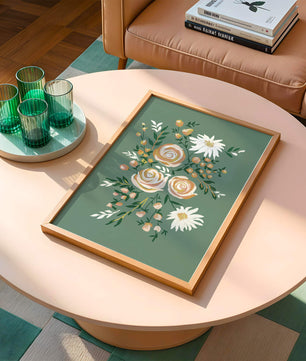 Floral illustration with roses and daisies on green background