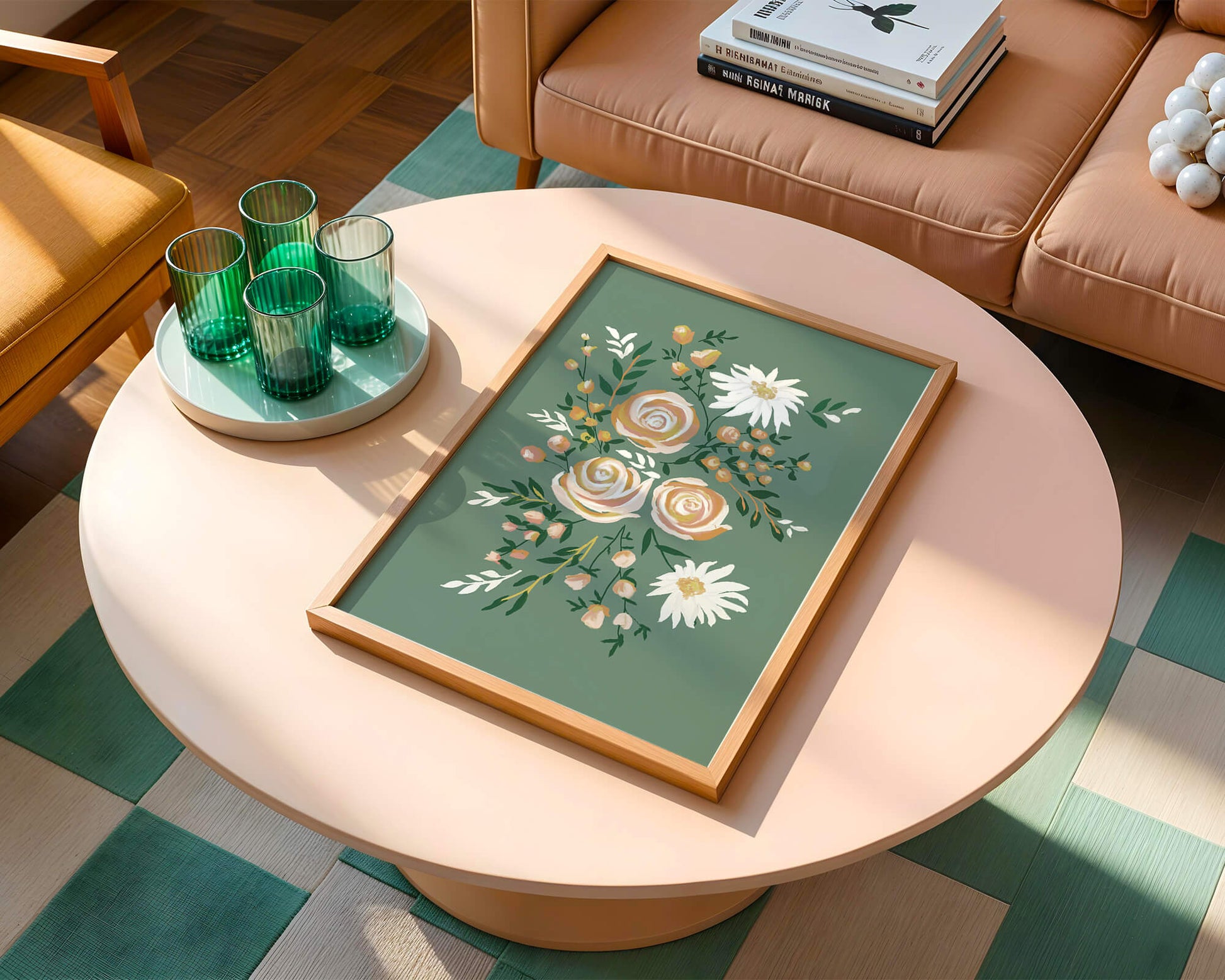 Floral illustration with roses and daisies on green background