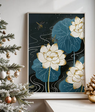 Elegant lotus flowers with dragonflies on a starry night background