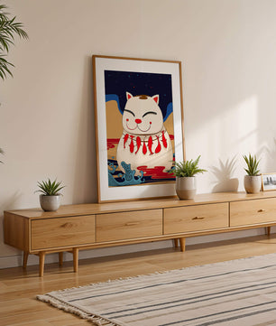 Japanese Lucky Cat with Fish Design in a Surreal Landscape