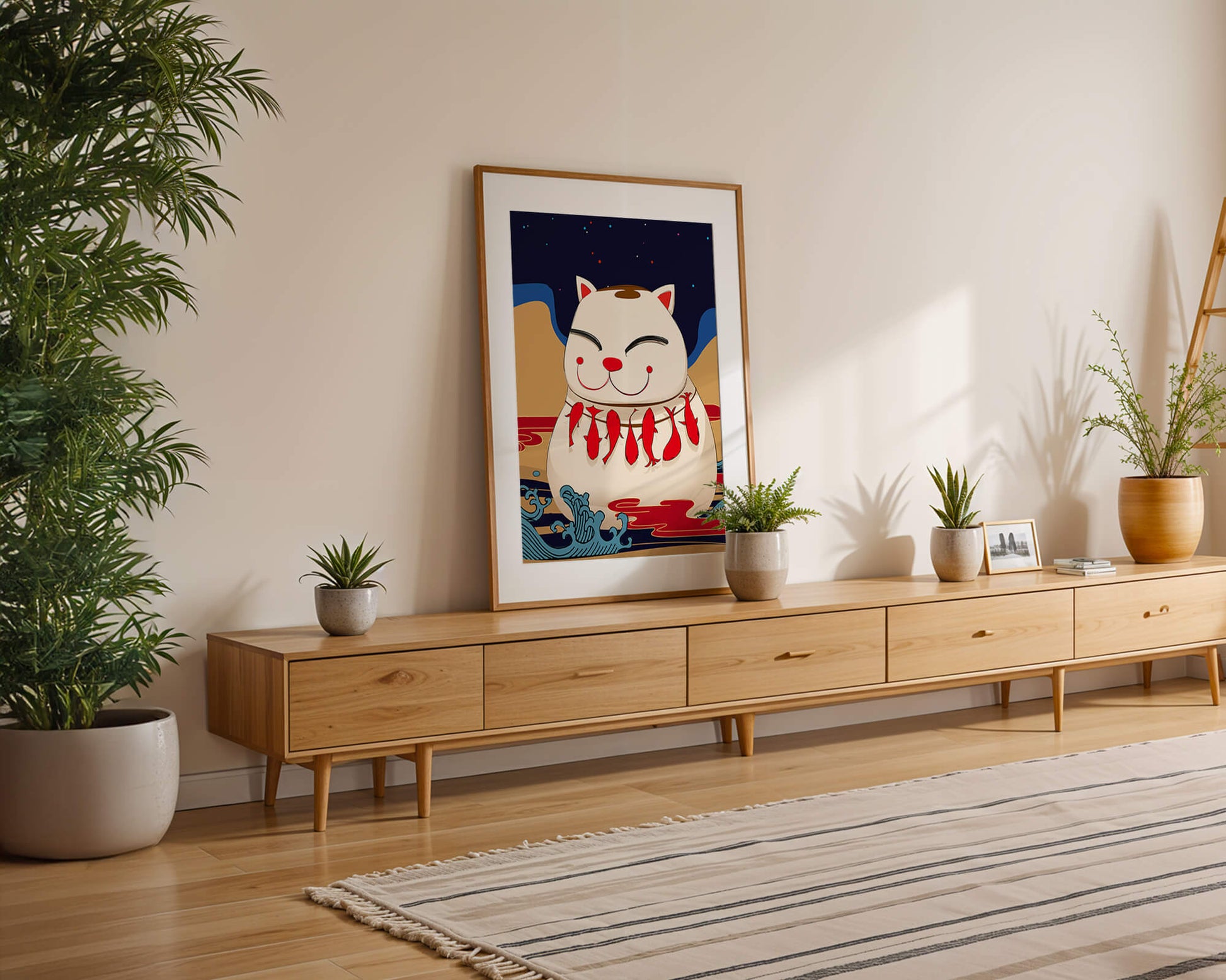 Japanese Lucky Cat with Fish Design in a Surreal Landscape