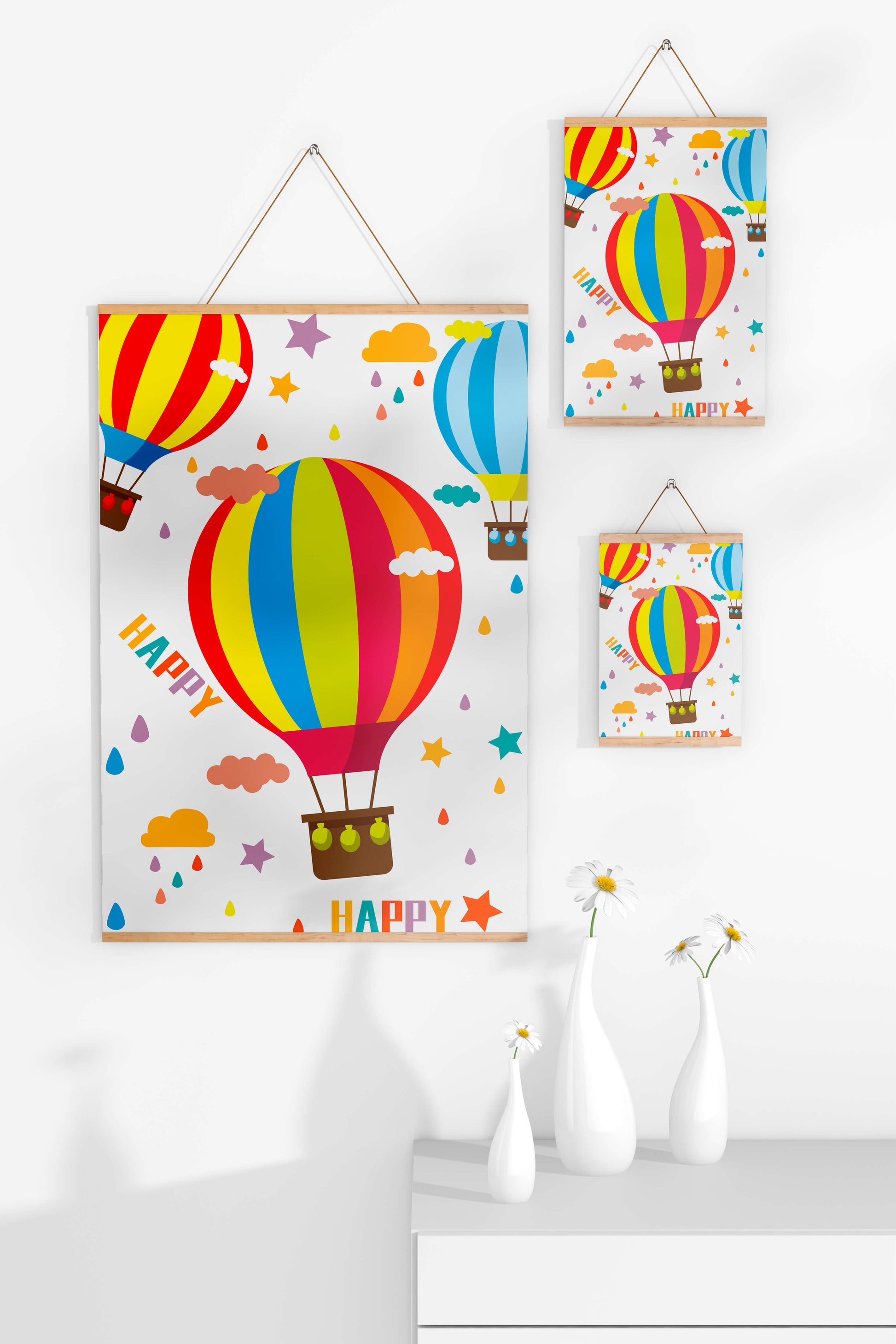 Colorful hot air balloons and happy clouds illustration