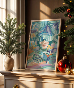 Futuristic digital art with virtual reality and technology themes