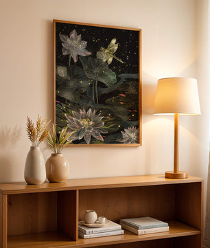 Lotus Flowers and Dragonfly in Nighttime Pond
