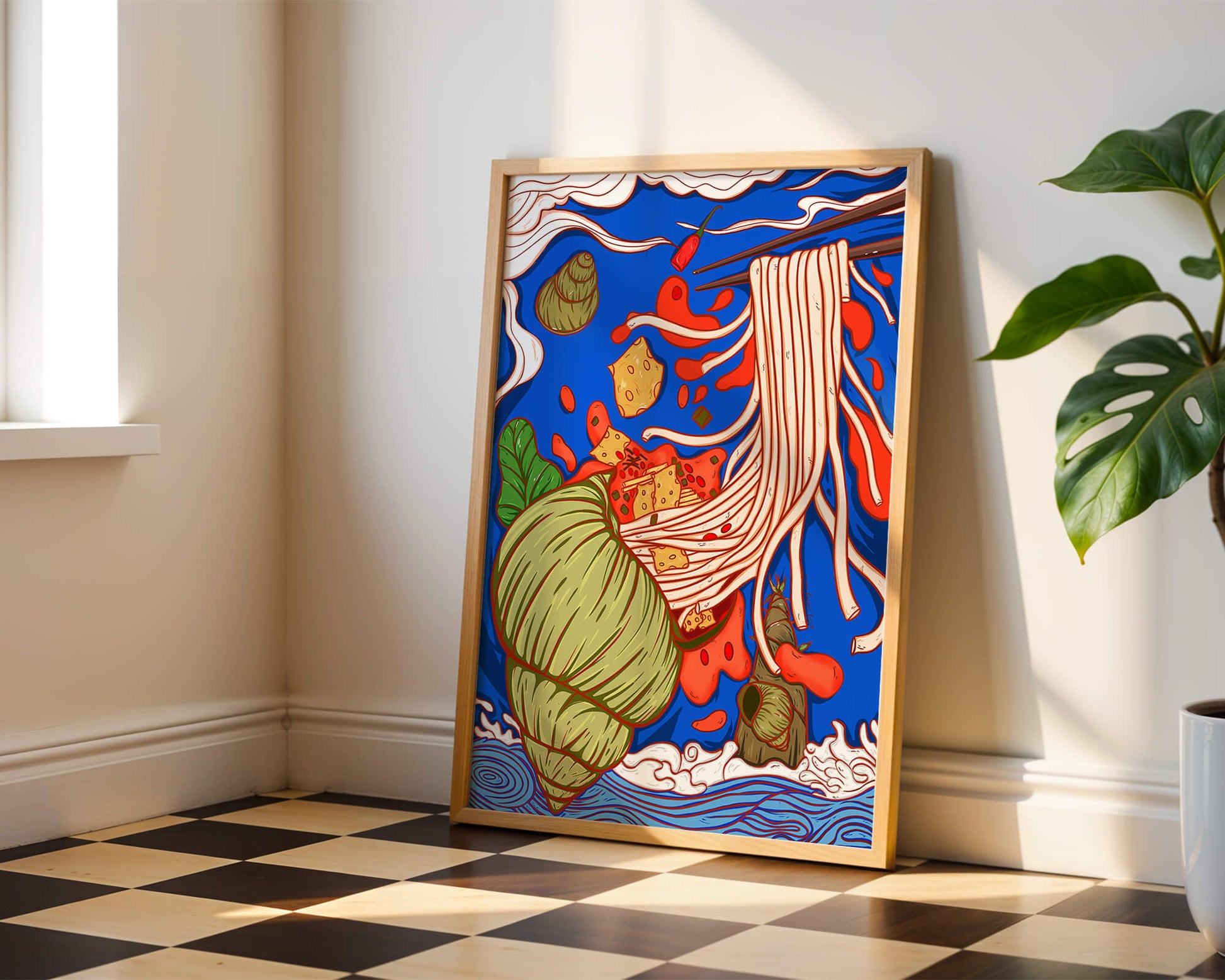 Ilustración intrincada de fideos con colores vibrantes y elementos detallados