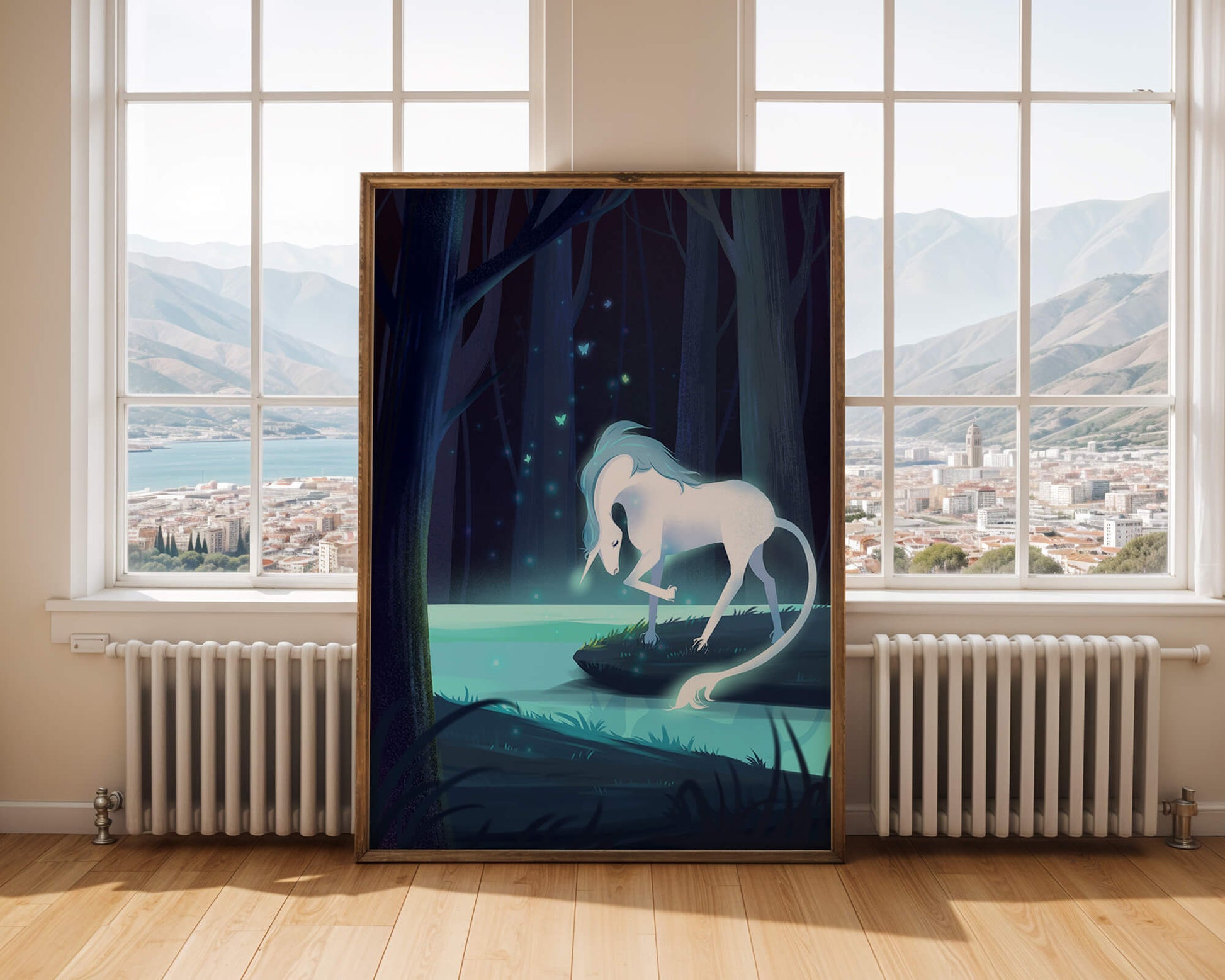 Enchanting night scene with a unicorn by a forest stream