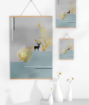 Abstract Deer with Golden Elements and Leaves on Minimalist Background