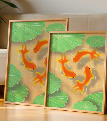Tranquil pond scene with koi fish and lily pads