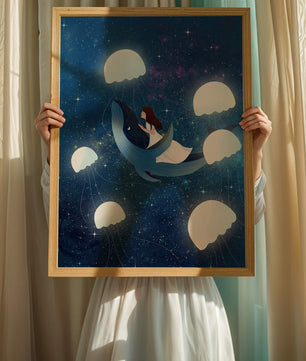 Dreamlike scene of a girl riding a whale among jellyfish in space