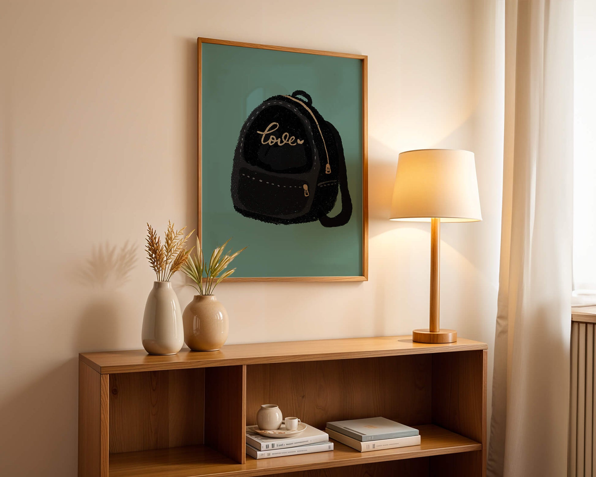 Elegant black backpack with gold accents and love inscription
