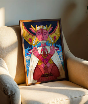 Surreal illustration of a mystical creature with golden horns and vibrant elements