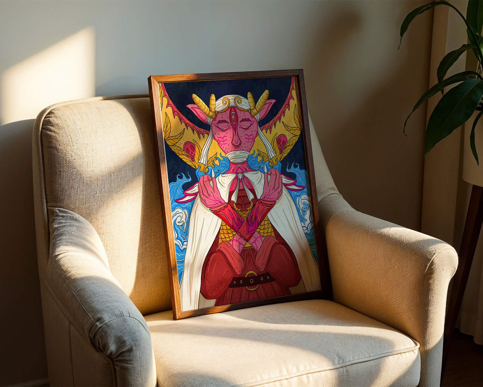 Surreal illustration of a mystical creature with golden horns and vibrant elements
