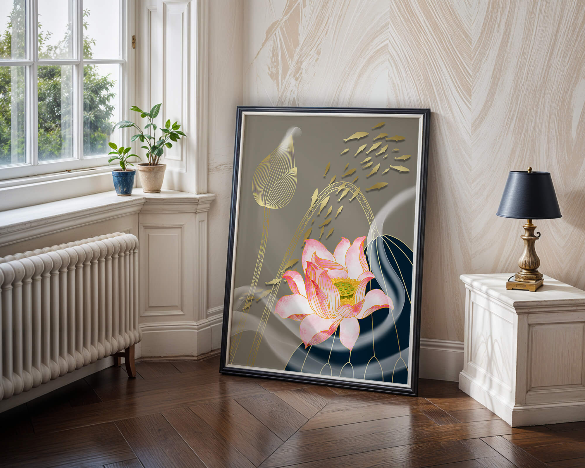 Elegant floral design with blooming lotus and golden fish accents