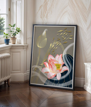 Elegant floral design with blooming lotus and golden fish accents