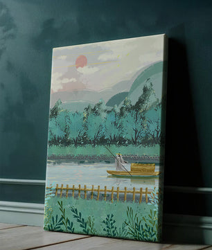 Ruhige Landschaft mit Bootsmann auf dem Fluss bei Sonnenaufgang