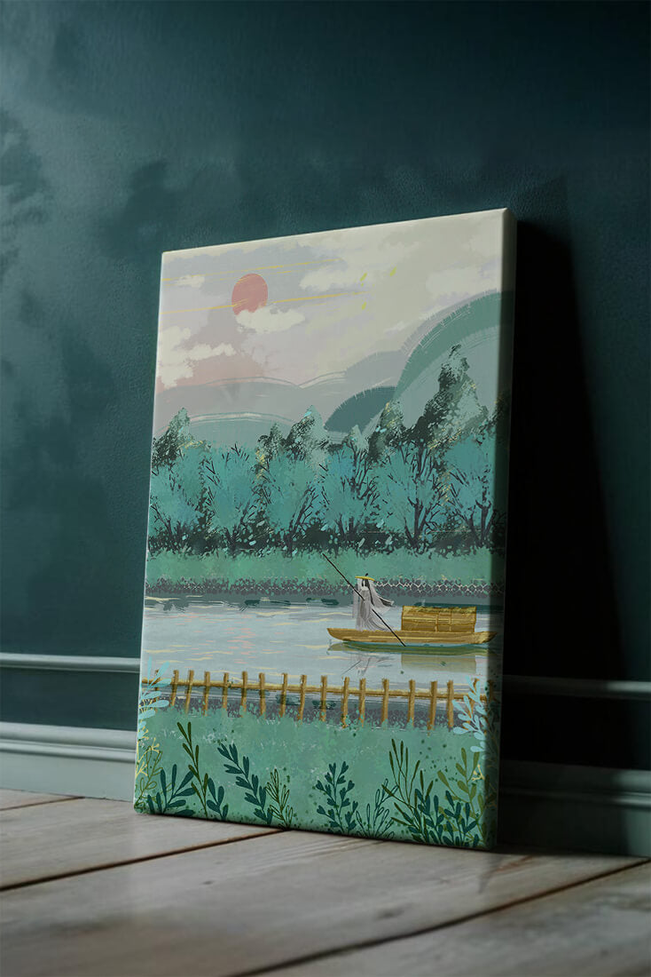 Serene Landscape with Boatman on River at Sunrise
