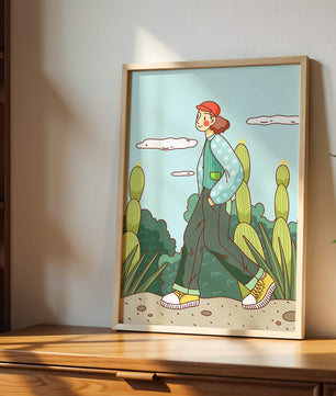 Person walking in desert landscape with cacti