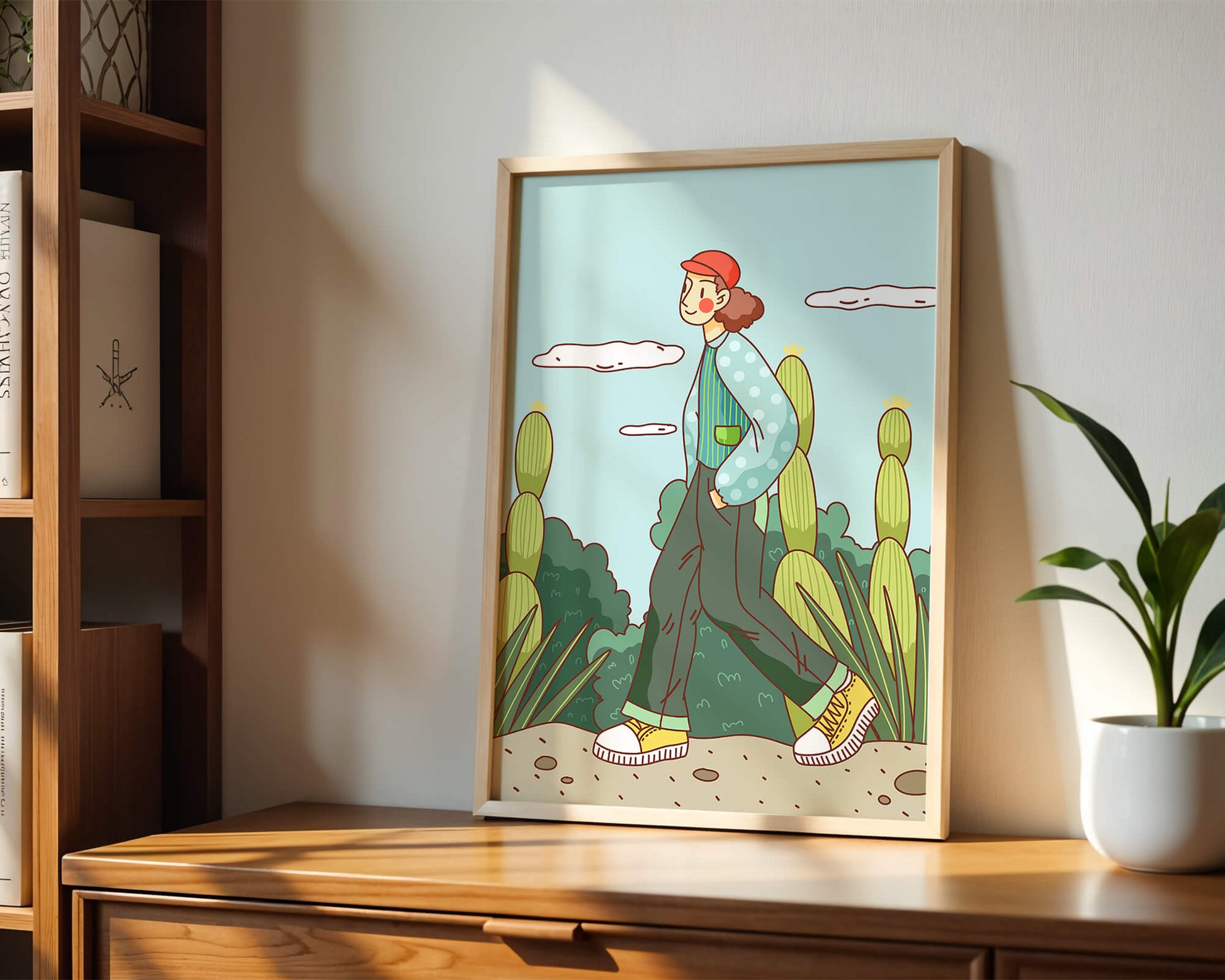 Person walking in desert landscape with cacti
