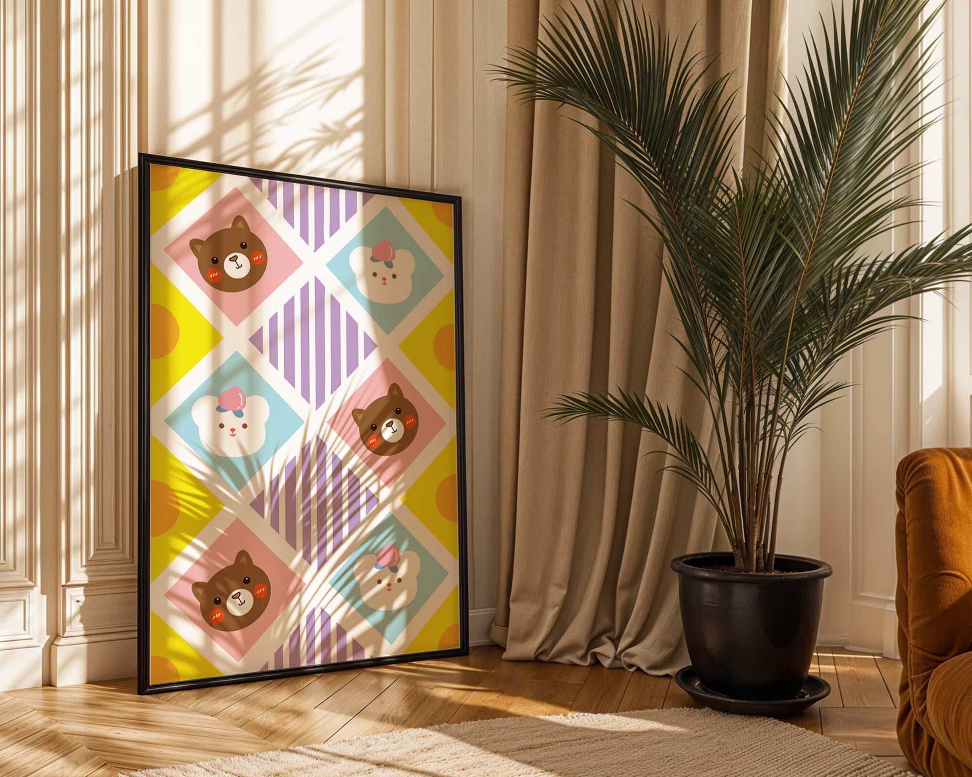 Playful geometric bear and colorful pattern for children's room decor