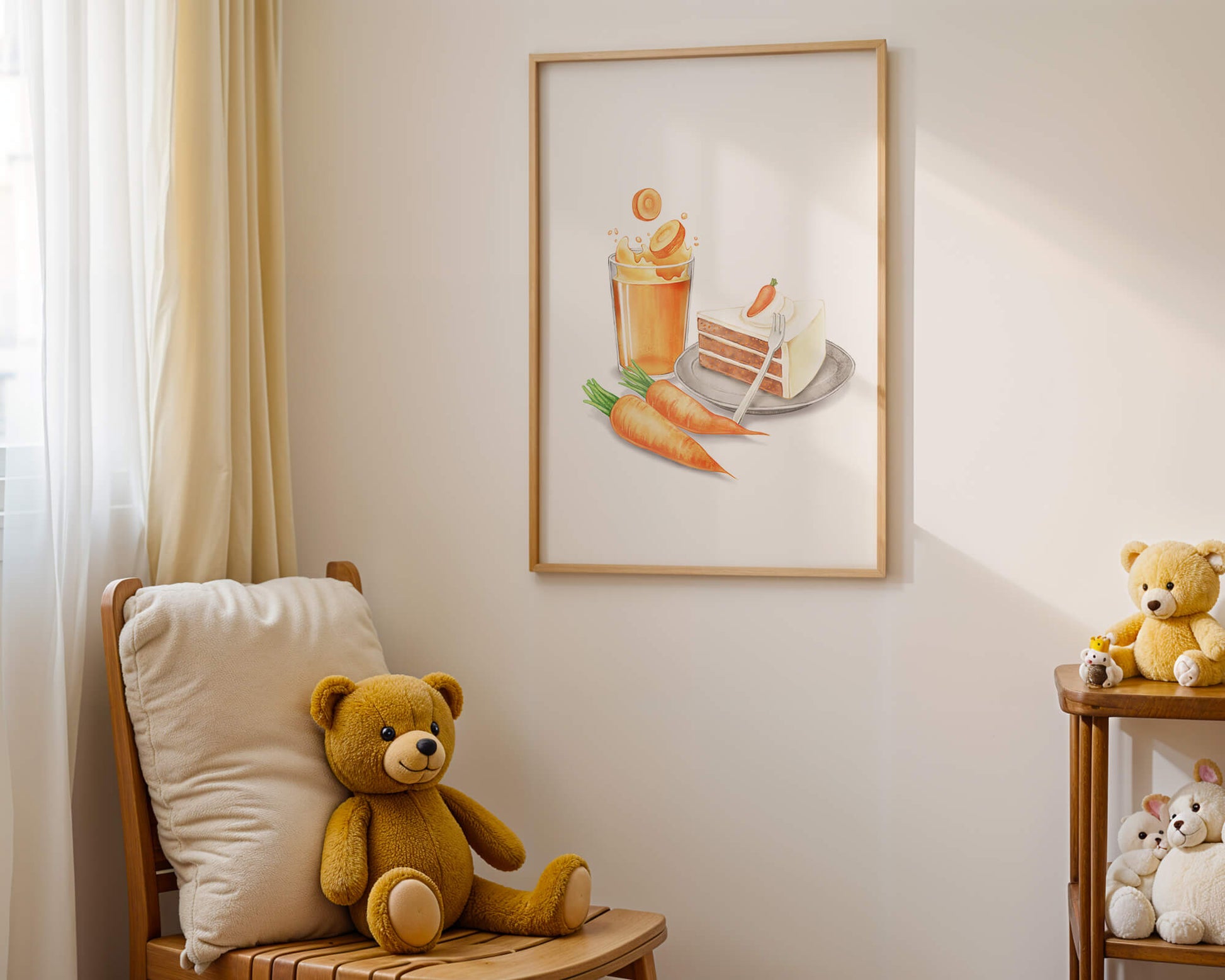 Illustration von Karottenkuchen und Saft mit frischen Karotten
