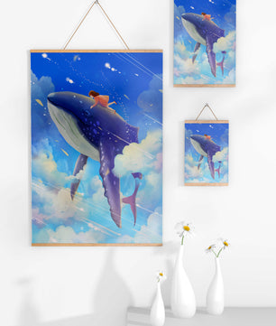 Illustration onirique d'une fille chevauchant une baleine à travers le ciel