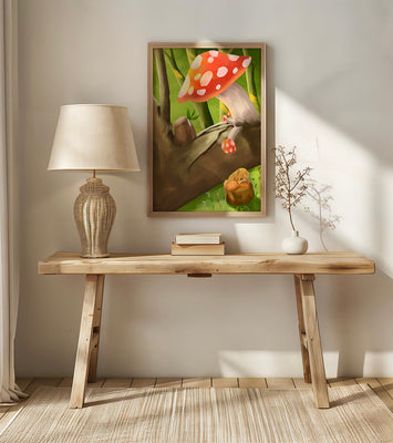 Charming forest scene with a fox resting under mushrooms
