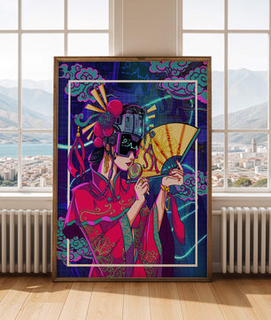 Geisha con traje futurista, elementos de neón y abanico
