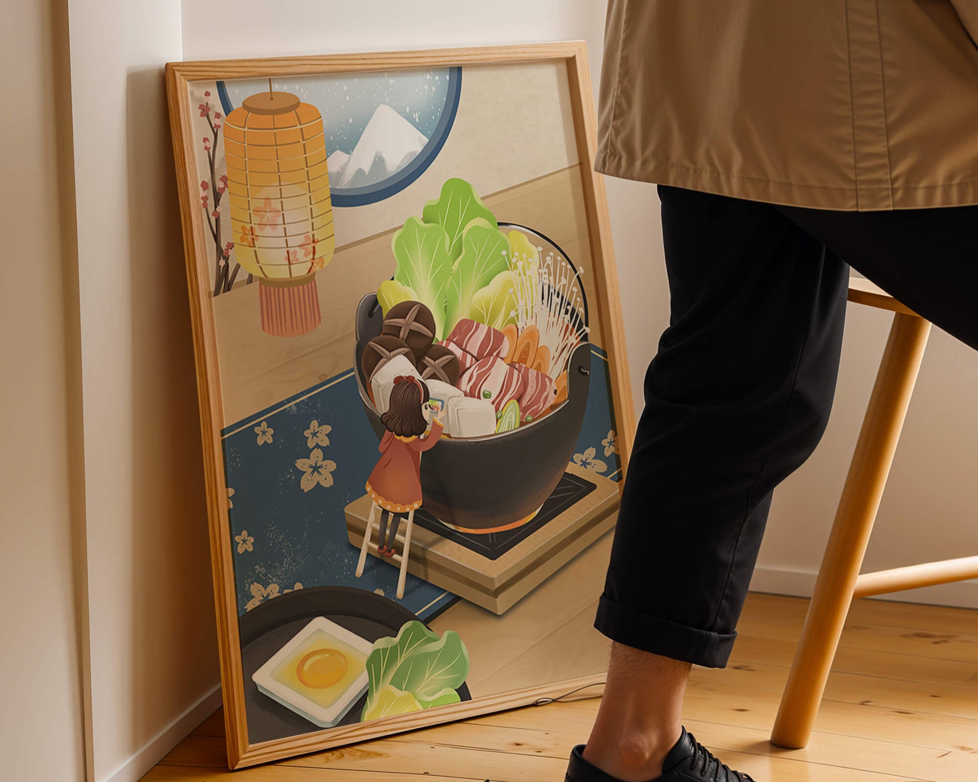 Illustration eines gemütlichen Winteressens mit Hot Pot und Zutaten
