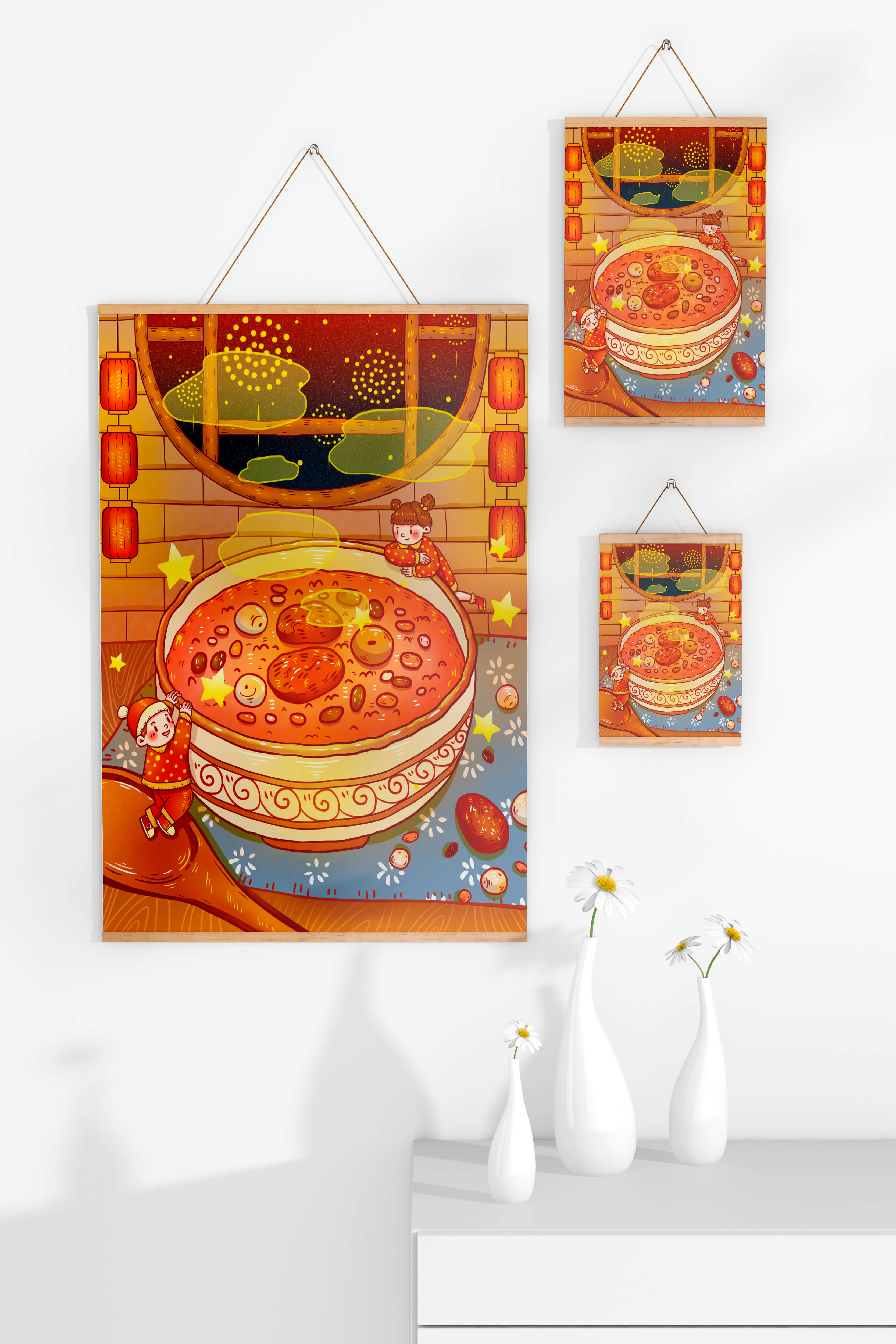 Cozy festive scene with children, a large bowl of soup, and lanterns
