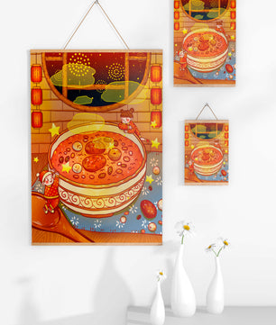 Scène festive et chaleureuse avec des enfants, un grand bol de soupe et des lanternes