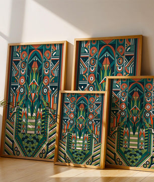 Design géométrique abstrait inspiré de l’Art déco avec des motifs symétriques et un motif animal