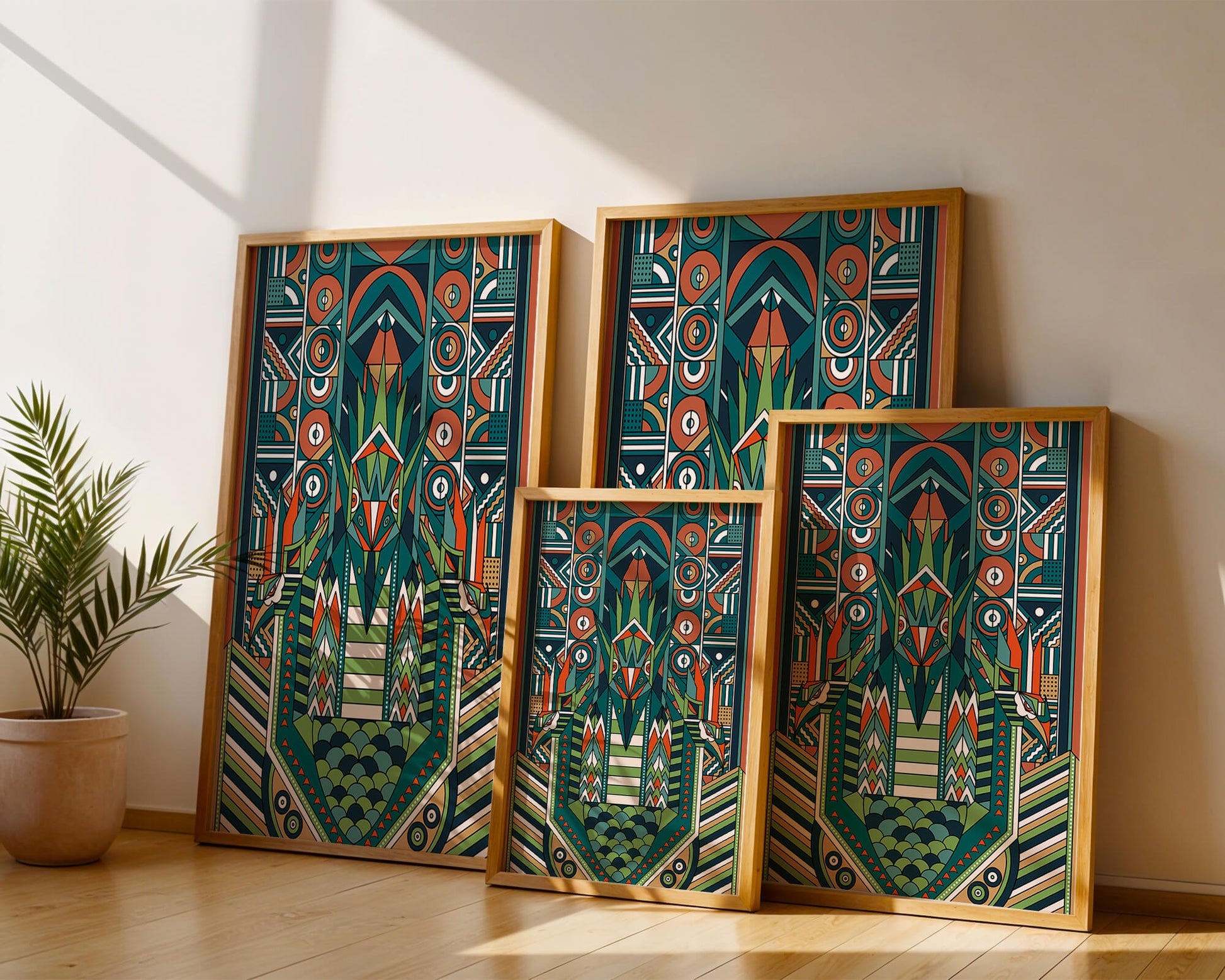 Art Deco Inspired Abstract Geometric Design with Symmetrical Patterns and Animal Motif