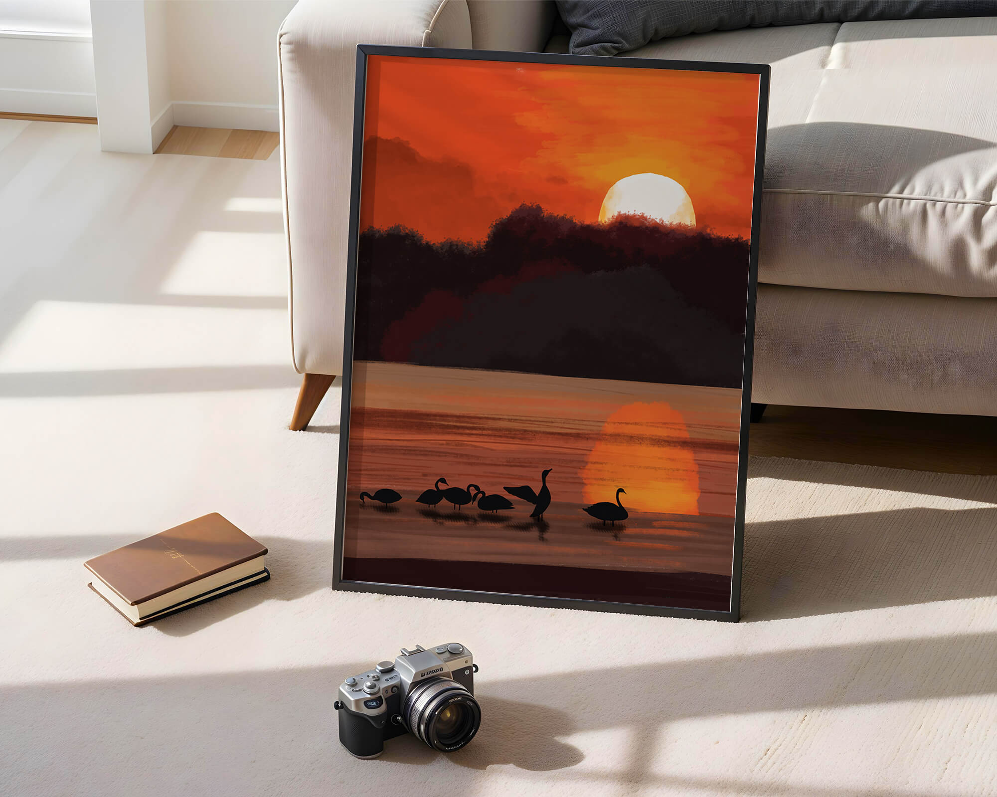 Serene sunset over a lake with silhouetted swans