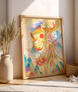 Colorful phoenix soaring in a dreamlike sky with vibrant flowers and mountains