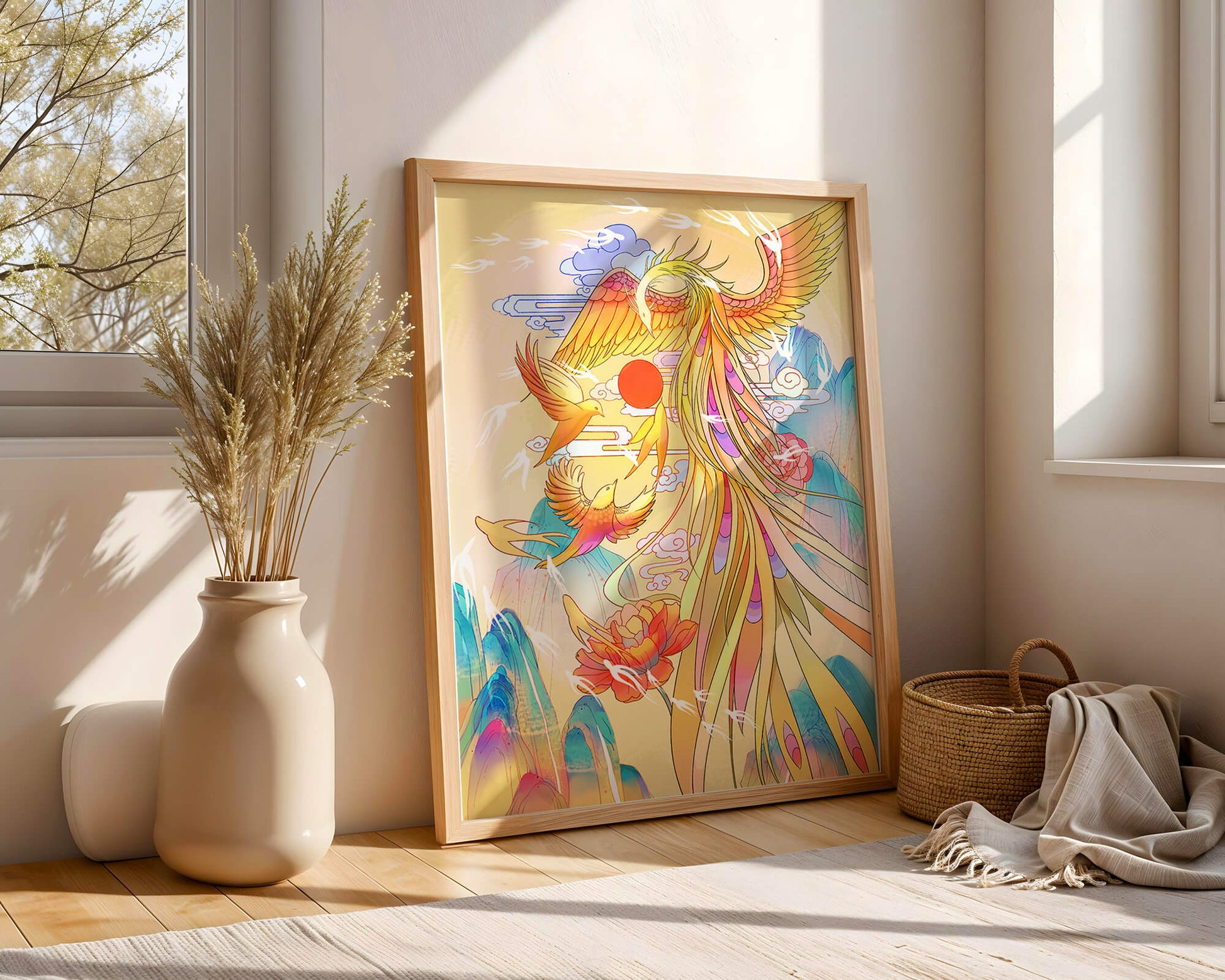 Colorful phoenix soaring in a dreamlike sky with vibrant flowers and mountains