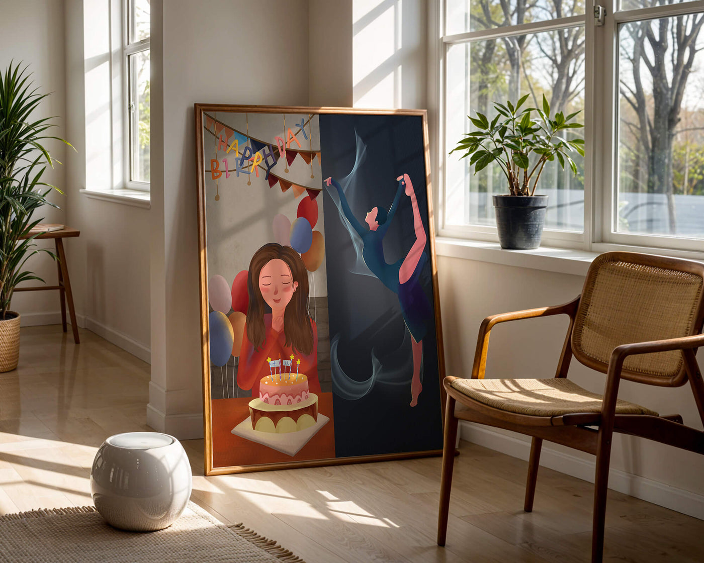 Birthday celebration illustration with cake and dancing figure