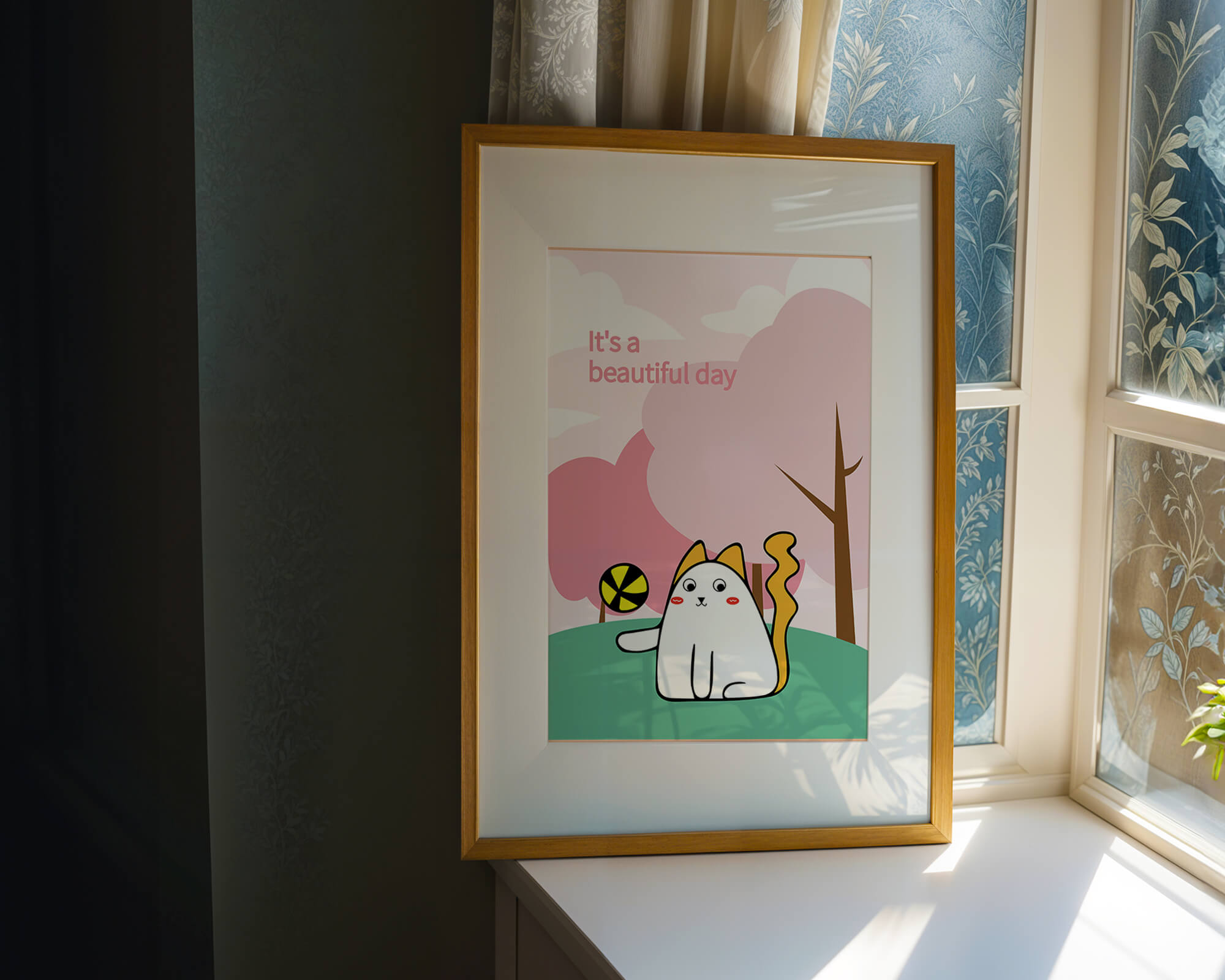 Charming cat illustration in a playful park scene with trees and clouds