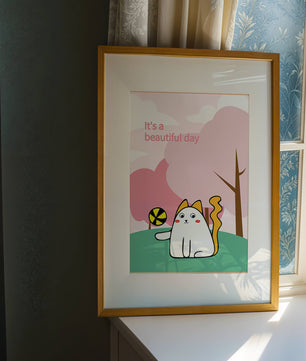 Illustration charmante de chat dans une scène de parc ludique avec des arbres et des nuages.