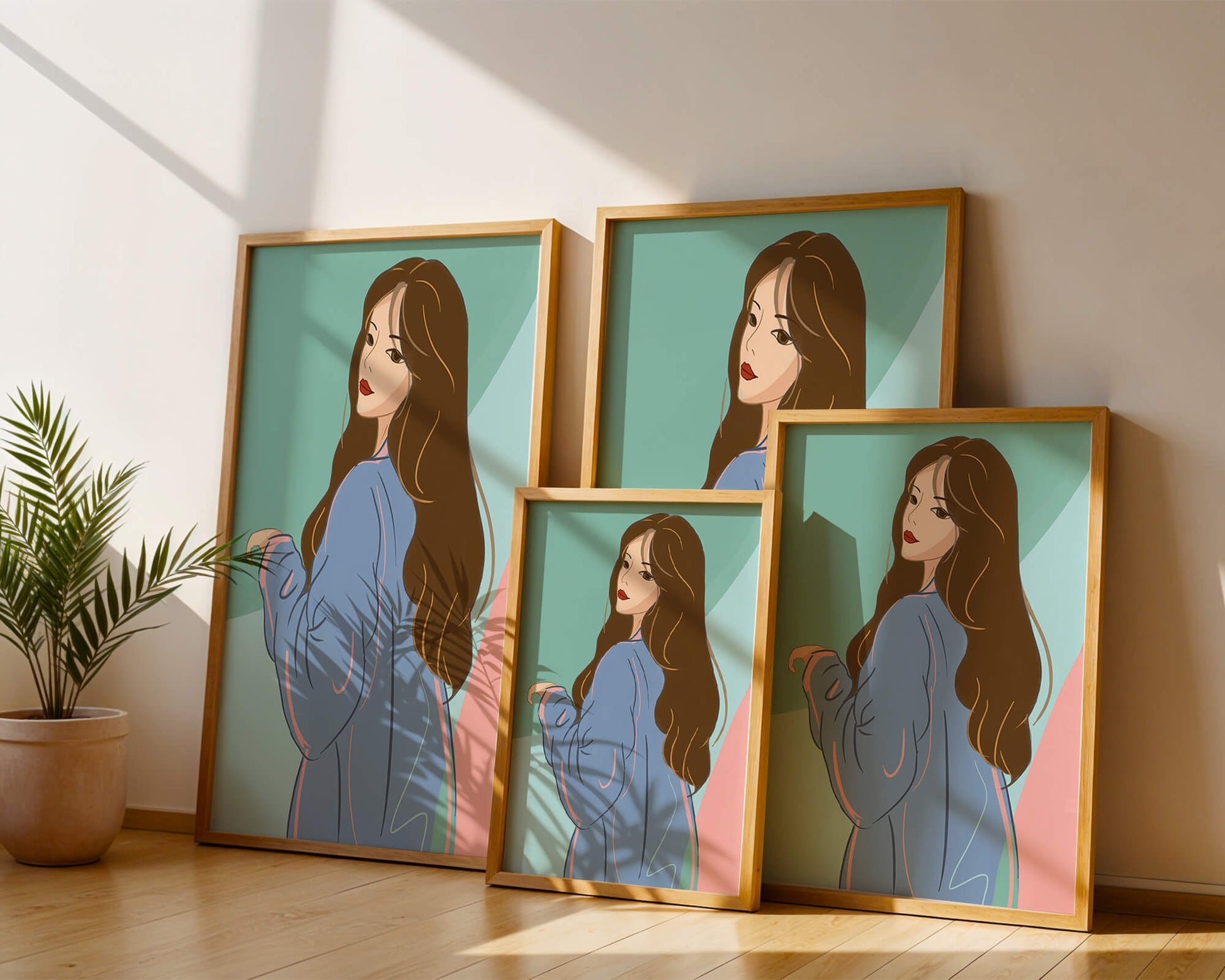 Illustration of woman with long hair and blue jacket