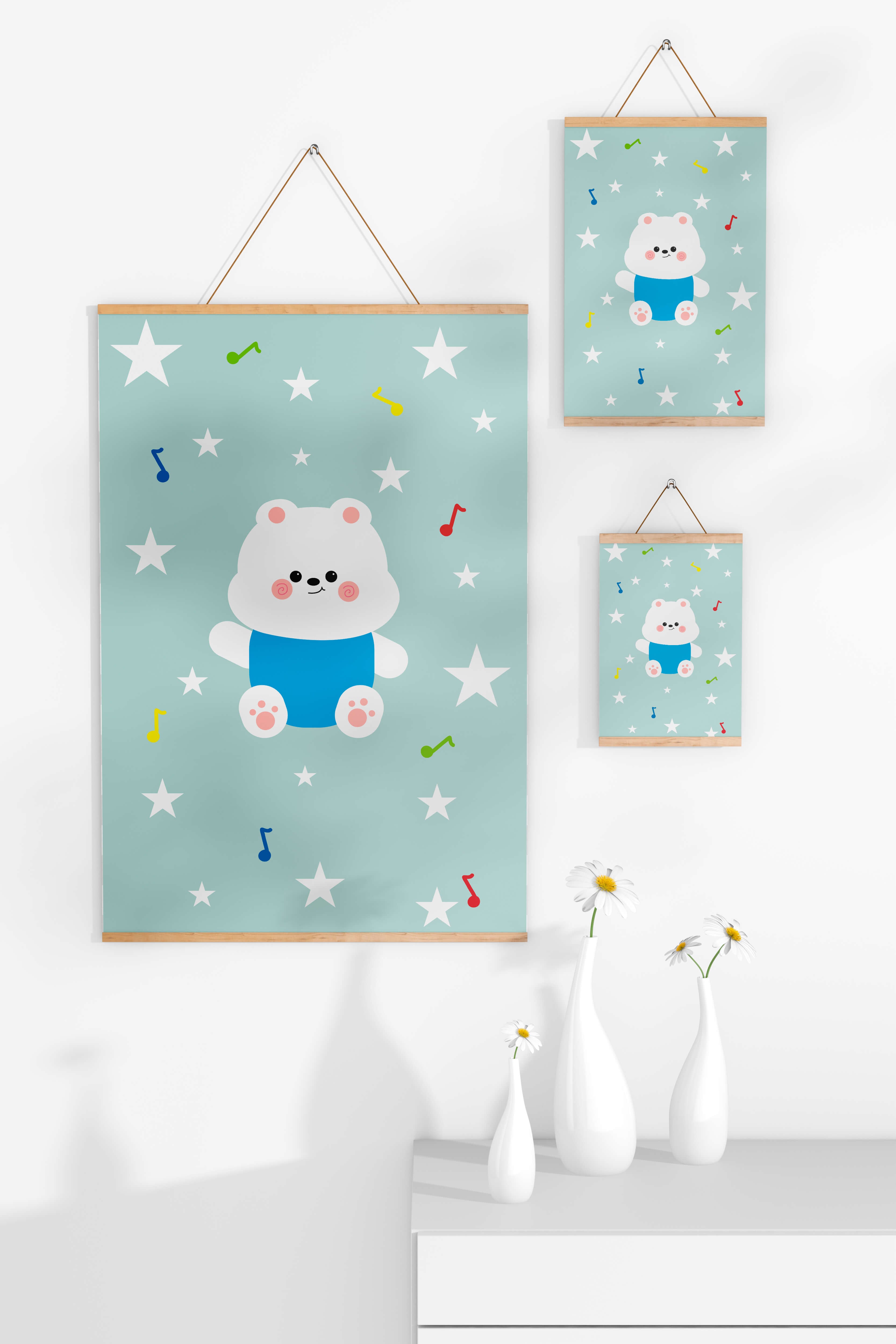 Playful bear illustration with musical notes and stars