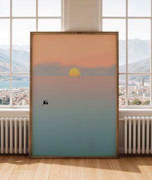 Serene Sunset with Silhouettes and Birds over a Calm Sea