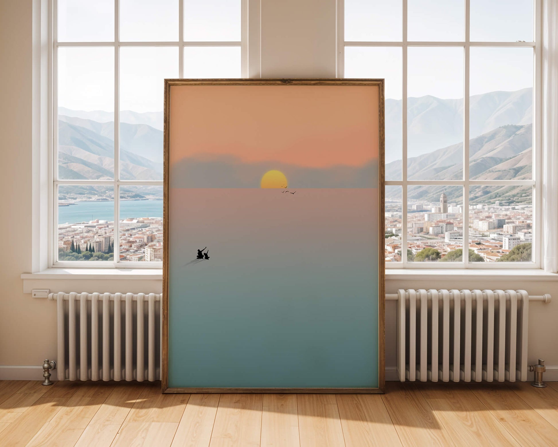 Serene Sunset with Silhouettes and Birds over a Calm Sea
