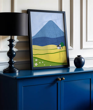 Serene Countryside Landscape with Mountain and Flowers