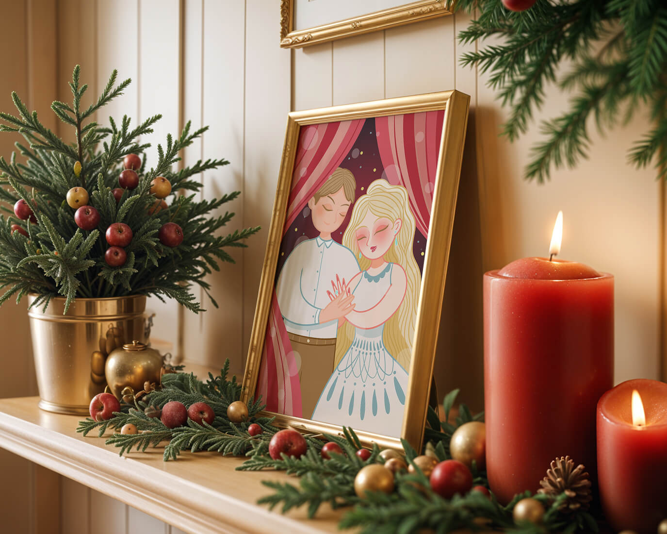 Romantic couple under red curtains with gentle embrace