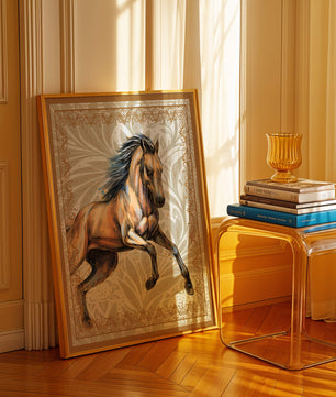 Elegant horse illustration with ornate golden frame