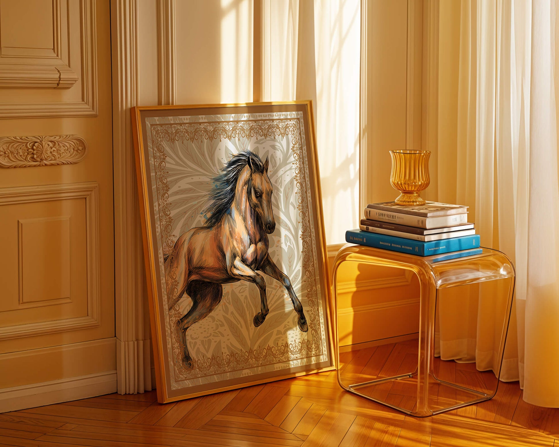 Elegant horse illustration with ornate golden frame